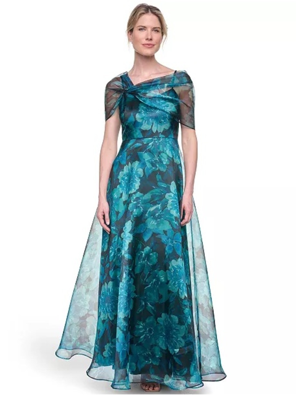 Eliza J Teal Floral Organza Maxi Dress with Sheer Capelet